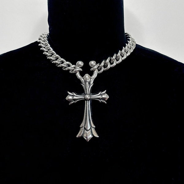 BLESSED & HIGHLY FAVORED - Stainless Steel Chain with Gothic Cross and Surgical, Circular, Horseshoe Barbell Piercing Closure Ring Necklace