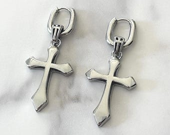 TWO I AM A SAINT – Stainless Steel Cross Hoop Earrings Gothic Y2K Punk Streetwear Dagger Cross Jewelry | Edgy Statement Gift for Men & Women