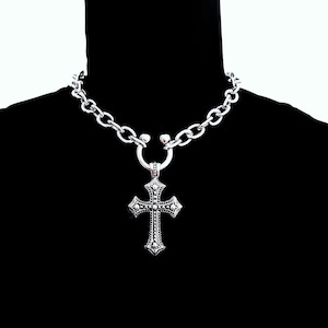 ROYALTY – Gothic Cross Necklace with Surgical Horseshoe Ring | Stainless Steel Punk Choker | Y2K Alt Statement Jewelry for Men & Women