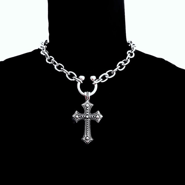 ROYALTY -- Stainless Steel Gothic Cross and Surgical, Unique, Circular, Horseshoe Barbell Piercing Closure Ring Choker/Necklace