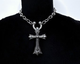 Heir To The Throne -- Stainless Steel Gothic Cross and Surgical, Circular, Horseshoe Barbell Piercing Closure Ring Necklace