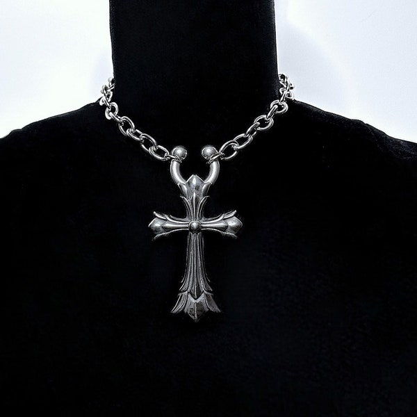 Heir To The Throne -- Stainless Steel Gothic Cross and Surgical, Circular, Horseshoe Barbell Piercing Closure Ring Necklace