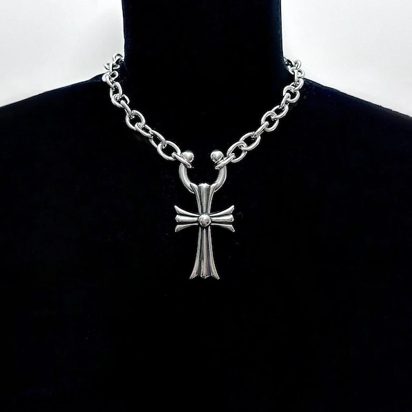 MY KINGDOM COME- Stainless Steel Gothic Cross and Surgical, Circular, Horseshoe Barbell Piercing Closure Ring Necklace