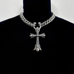 BLESSED & HIGHLY FAVORED - Stainless Steel Chain with Gothic Cross and Surgical, Circular, Horseshoe Barbell Piercing Closure Ring Necklace