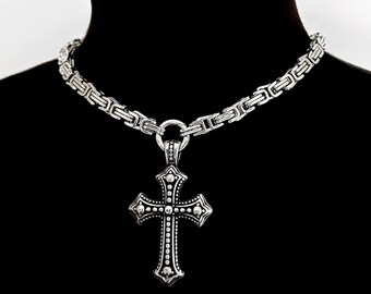 Gothic Cross Necklace Stainless Steel Silver Link Chain Choker, Unisex Punk Y2K Statement Jewelry, Waterproof Carabiner Clasp, 3" Extension