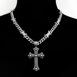 ALWAYS BLESSED - Stainless Steel Barbed Wire Cross Punk Goth Necklace 7mm Wide Cuban Chain Layering Chain Statement Necklace Gift Men Women