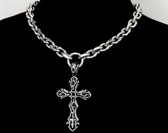 Stainless Steel Cross Necklace, Gothic Cuban Chain Necklace , Silver Cross Pendant, Unisex Punk Religious Jewelry Choker Mens Womens Jewelry