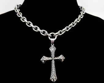 Stainless Steel Cross Necklace, Gothic Cuban Link Chain, Crystal Pendant Choker, Unisex Silver Mens Punk Jewelry
