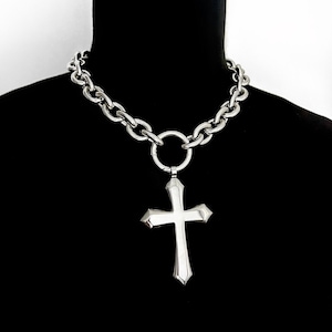Saint Aura - Cross Pendant Necklace Stainless Steel Statement Necklace | Silver Punk Gothic Chain for Men & Women | Y2K Streetwear Jewelry