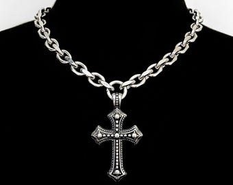 Stainless Steel Cross Necklace, Gothic Cuban Link Chain, Silver Pendant Choker, Unisex Mens Punk Y2K Religious Jewelry