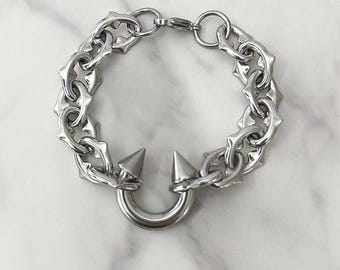 Chunky Stainless Steel Spiked Chain Bracelet – Heavy Duty Gothic Punk Link Bracelet, Edgy Statement Jewelry