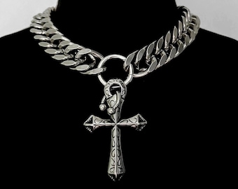 PIERCED LUXE CROSS – Stainless Steel Gothic Cross Necklace Choker | Punk Y2K Statement Jewelry | Edgy Streetwear Gift for Men & Women