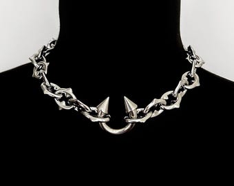 LUXE LETHAL - High Quality Spike Chain Necklace Heavy Stainless Steel Statement Choker, High-Polish Designer Punk Rare Jewelry Chain