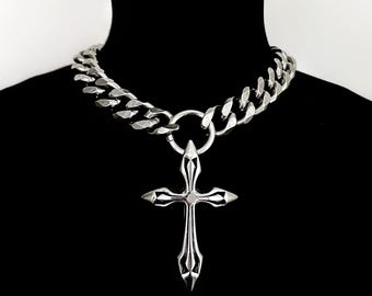 Opium Silver Cross Necklace Pendant, Y2K Cross Chain Men, Shiny