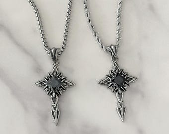Black Dagger Cross Necklace, Gothic Stainless Steel Pendant, Black CZ Stone, Box Chain or Rope Chain, Unisex Silver Jewelry