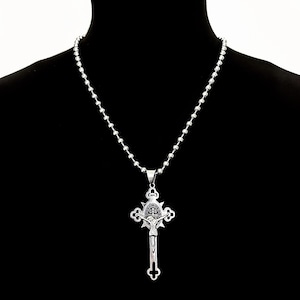 HEAVEN&#39;S FAVORITE - Saint Benedict Cross Pendant Necklace | Stainless Steel Ball Chain | Gothic Y2K Christian Jewelry for Men & Women