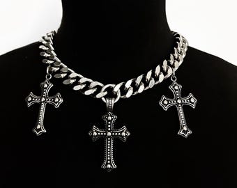 Opium Silver Cross Necklace Pendant, Y2K Cross Chain Men, Shiny