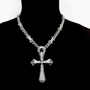 DEVIOUS – Stainless Steel Gothic Cross Necklace | Barbed Wire Chain | Punk Choker Y2K Jewelry | Edgy Fashion Statement Necklace Gift