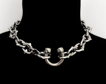 Spiked Chain Nose Ring Necklace, Punk Choker Necklace, Stainless Steel Spike Chain, Industrial Gothic Streetwear Statement Jewelry