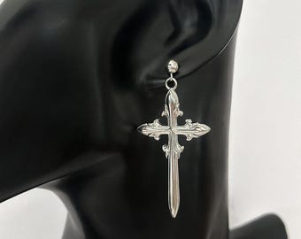 Two Cross Dagger Earrings Stainless Steel Sword Cross Drop Earrings Gothic Silver Statement Earrings Punk Unisex Mens Womens Jewelry
