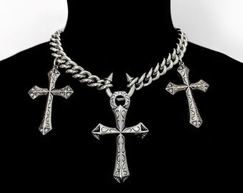 Triple Cross Necklace Stainless Steel Gothic Cross Cuban Chain Choker, Spiked Nose Ring Center, Unisex Punk Y2K Jewelry Gift Men Women