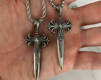 Gothic Dagger Cross Necklace, Stainless Steel Sword Pendant, Box or Rope Chain, 3 Inch Extension, Punk Y2K Unisex Jewelry