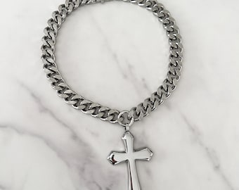 Stainless Steel Cross Necklace, Chunky Curb Chain Cross Pendant, Gothic Punk Jewelry, Minimalist Cross Chain, Unisex Streetwear Necklace