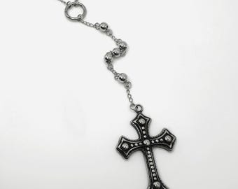 Rosary Cross Necklace, Stainless Steel Silver Beaded Chain, Gothic Y Necklace, Adjustable Unisex Punk Religious Jewelry