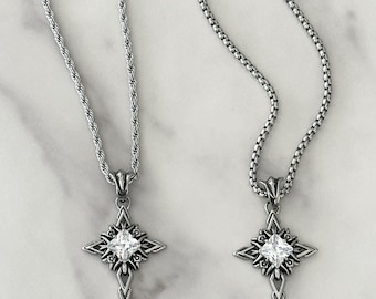 Gothic CZ Dagger Cross Necklace, Stainless Steel Pendant, Box or Rope Chain, 3 Inch Extension, Clear Shiny Detailed Y2K Unisex Jewelry