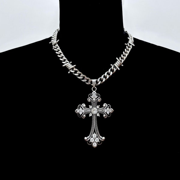 WORSHIP ME FOREVER - Stainless Steel Barbed Wire Cross Charm Necklace