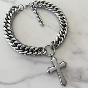 BLESSED & HIGHLY FAVORED – Stainless Steel Chunky Cross Necklace | Gothic Statement Choker | Y2K Punk Christian Jewelry for Men Women Gift
