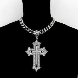 BLINGED CROSS – Silver Stainless Steel Gothic Cross Necklace | CZ Iced Out Pendant | Y2K Punk Goth Chain for Men & Women Statement Necklace