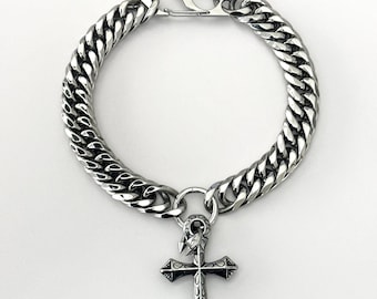 Gothic Cross Cuban Chain Necklace, Stainless Steel Punk Choker, Spiked Nose Ring Pendant, Y2K Unisex Waterproof Silver Goth Jewelry