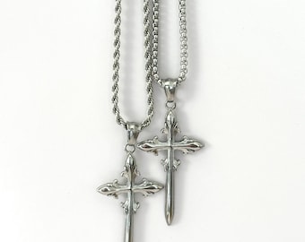 Gothic Sword Cross Necklace, Stainless Steel Dagger Pendant, Box or Rope Chain, 3 Inch Extension, Punk Y2K Unisex Jewelry
