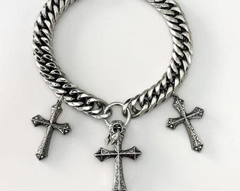 Triple Gothic Cross Necklace, Stainless Steel Cuban Chain Choker, Unisex Punk Y2K Jewelry, Statement Cross Pendant, Cyber Clasp or Extension