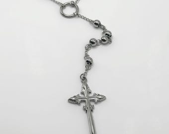 Stainless Steel Rosary Necklace, Gothic Cross Dagger Pendant, Silver Beaded Chain, Unisex Mens Womens Punk Y2K Religious Jewelry