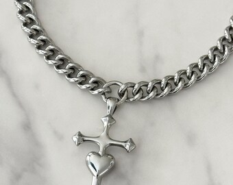A Heart Of Stone - Dagger Cross Necklace Stainless Steel Cuban Chain Choker, Removable Pendant, O Ring Clasp, Gothic Punk Y2K Unisex Jewelry