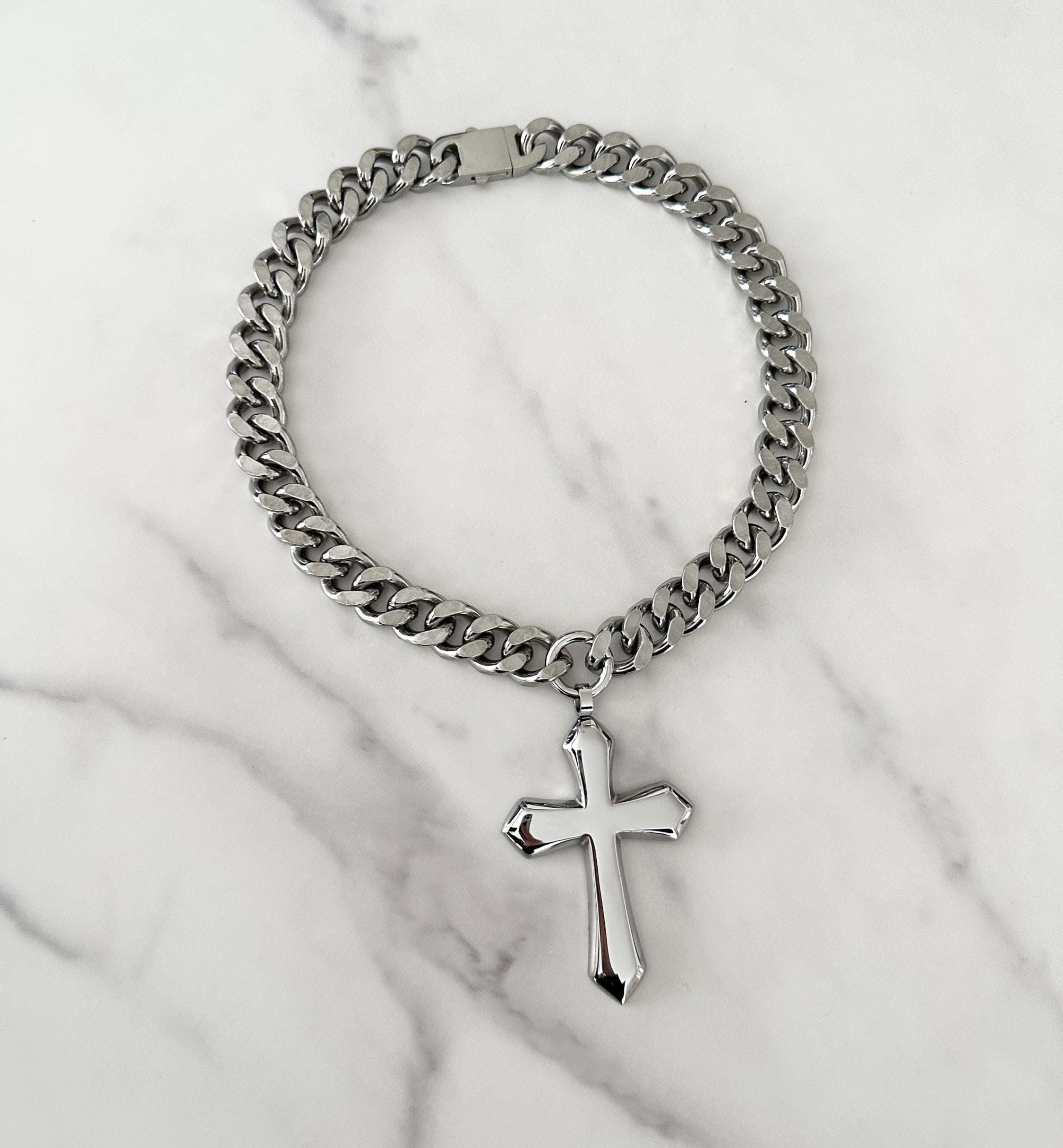 Stainless Steel Cross Necklace, Chunky Curb Chain Cross Pendant, Gothic…