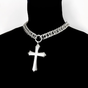 THE HIGHLY BLESSED – Stainless Steel Chunky Cross Necklace | Gothic Statement Choker | Y2K Punk Christian Jewelry for Men Women Gift