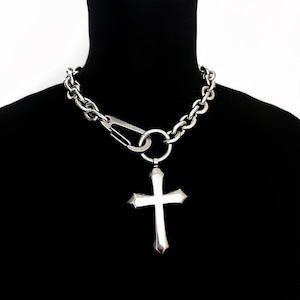 LOCKED IN CROSS – Chunky Cross Pendant Necklace | Stainless Steel Safety Clasp Choker | Gothic Punk Streetwear Jewelry for Men & Women