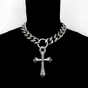 FOREVER BLESSED – Gothic Stainless Steel Cross Necklace | Chunky O Ring Cuban Chain Choker | Y2K Alt Statement Jewelry for Men & Women