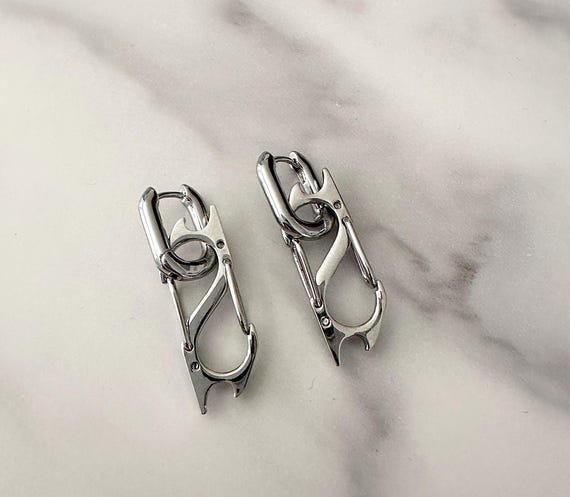 Carabiner Stainless Steel Earrings, Industrial Punk Earrings, Edgy Streetwear Jewelry, Hardware Inspired Statement Earrings
