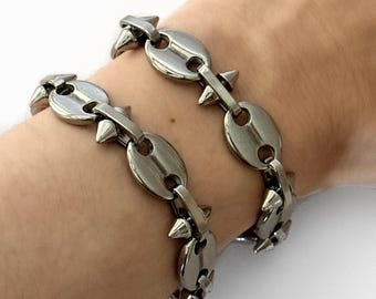 DEVIOUS THORNS  - Handmade Bracelet Stainless Steel Coffee Bean Chain Bracelet, Silver Spiked Link Bracelet Unisex Gift Men and Women