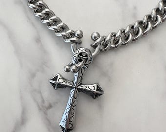Double Pierced Cross Necklace - Chunky Cuban Link Chain, Stainless Steel Gothic Cross Pendant, Punk Streetwear Jewelry, Statement Necklace