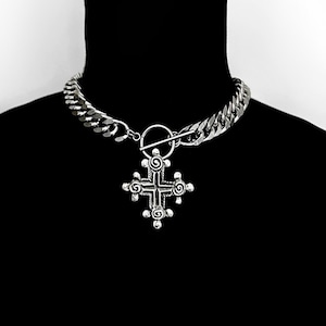 HYPNOTIC –Pewter Spiral Cross Pendant Necklace | Stainless Steel Gothic Choker Chain | Y2K Alt Grunge Statement Jewelry Gift for Men & Women