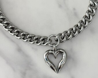 Silver Heart Charm Necklace, Stainless Steel Cuban Chain Choker, Removable Pendant, O Ring Clasp, Y2K Punk Unisex Jewelry