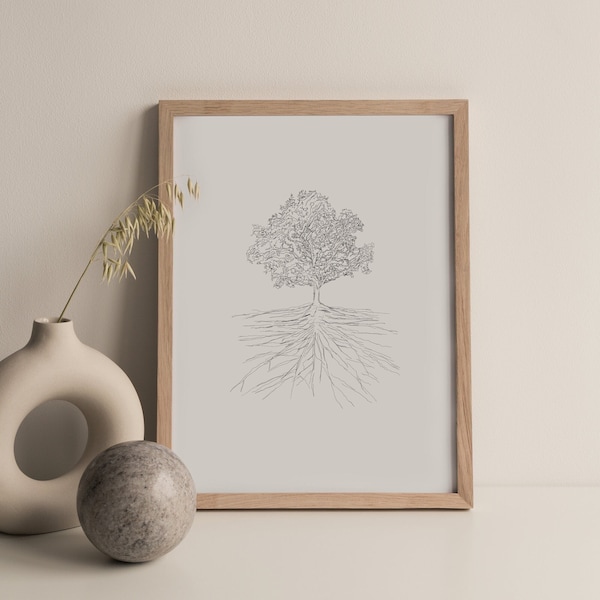 Poster Zeichnung Baum "Rooted" - Schwarz weiß, minimalistisch