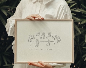 Christian kitchen poster, landscape format "Sit at your table" - modern, black and white, minimalist