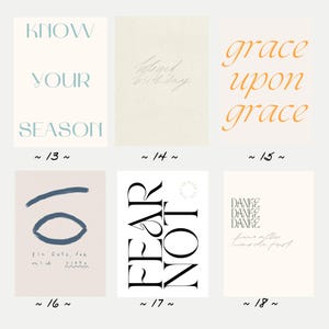 May include: A collection of six art prints with various text designs. The prints feature phrases like "Know Your Season," "Beloved Birthday," and "Grace Upon Grace." Each print has a unique font and color scheme, with a minimalist aesthetic.