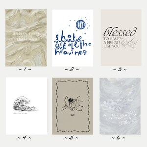 May include: A collection of six art prints with various designs and text. The prints feature abstract patterns, illustrations of a wave, and text such as "shake off all the heaviness" and "blessed to have a friend like you."
